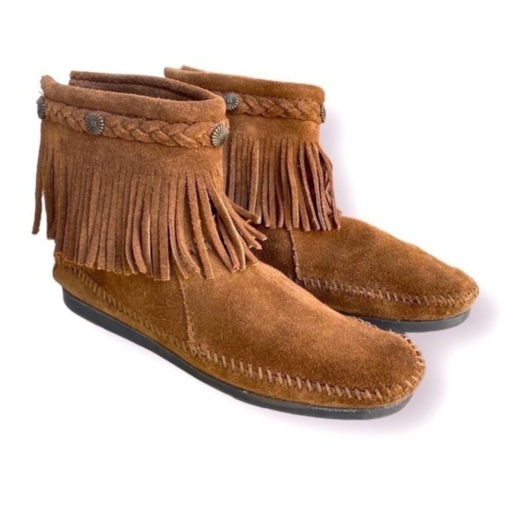 Minnetonka Chestnut Suede Fringed Ankle Boots Size 9